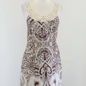Free People  Folklore Shift Dress Cream/ Espresso Brown Sleeveless Sundress Sz.4
